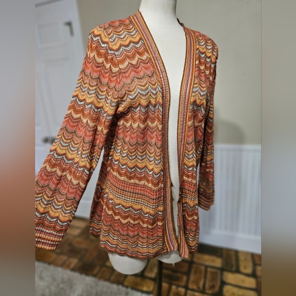 Red, Orange Striped Long Sleeve Knit Cardigan, Ruby Rd. Boho Aztec Style, XL - Picture 1 of 4